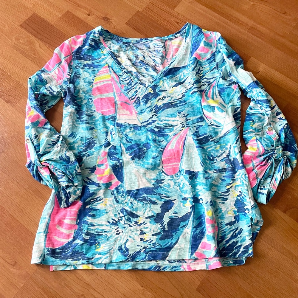 Lilly Pulitzer Pink and Blue Sailboats Blouse